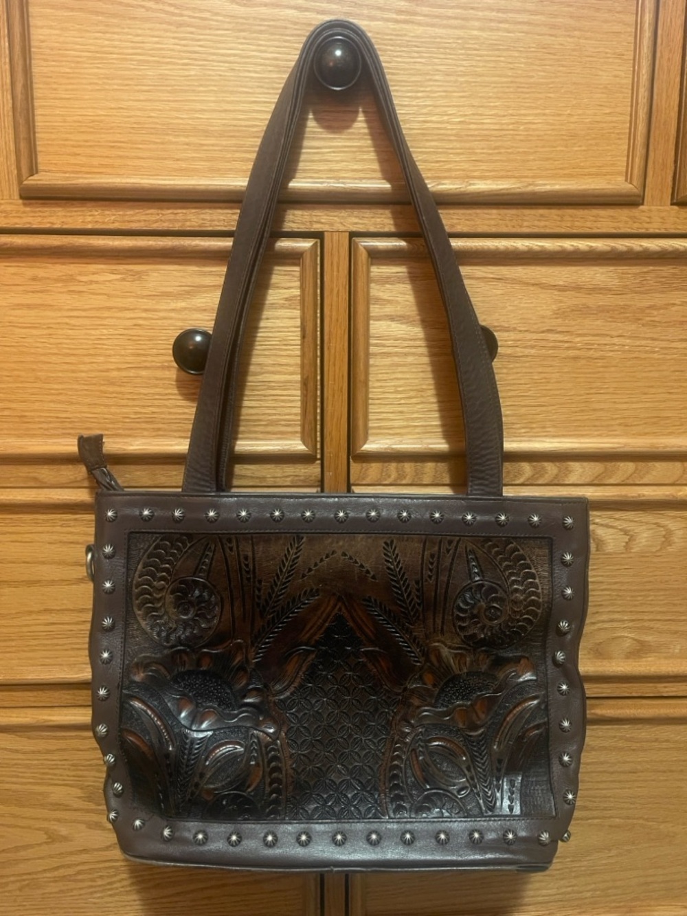 Dark Brown Tooled Leather Shoulder Bag with Stud Accents